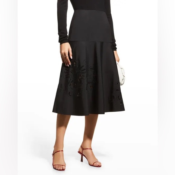Carolina Herrera Paisley Eyelet Fit-&-Flare Midi Skirt, Black - 10 - Picture 1 of 11